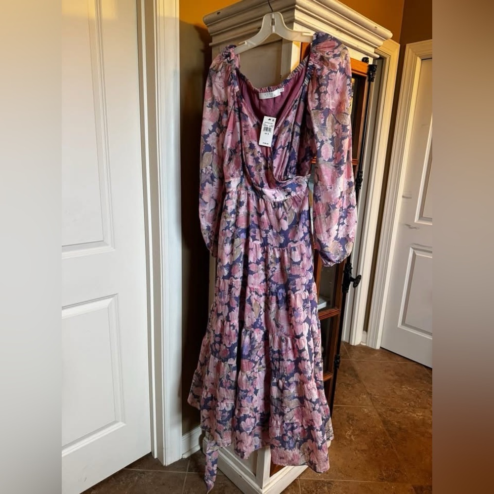 Elegant Floral Long Sleeve Dress in Pink and Purple